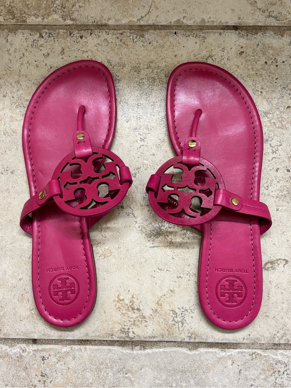Tory Burch Hot Pink Leather Logo Thong Sandals